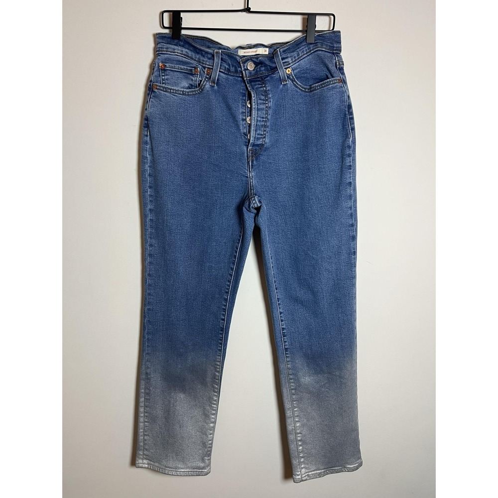 Levis Wedgie Straight Jeans Womens 31 Blue Medium Wash Button Fly Ombre Metallic